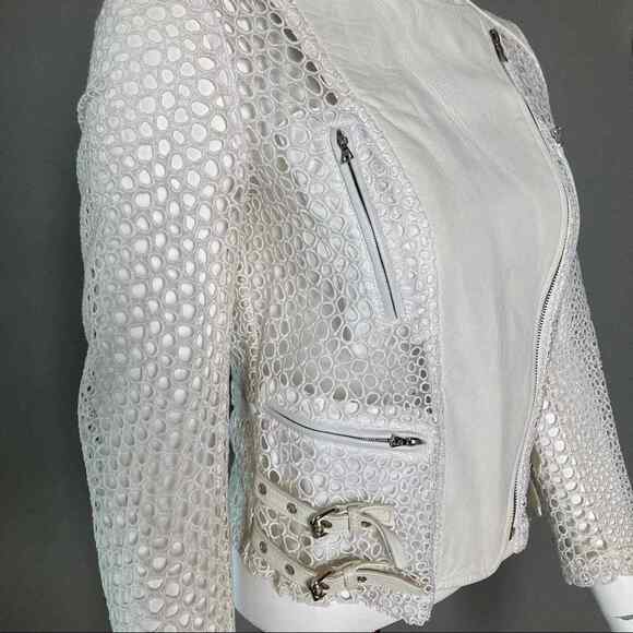Yigal Azrouel Moto Jacket Size 4 All Over Netting Crochet Lace Leather white - Picture 4 of 11